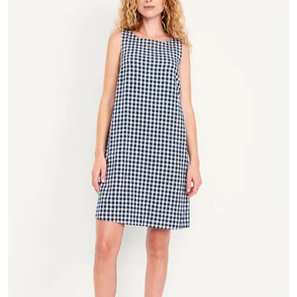 Old Navy Gingham Dress Womens XL Blue White Mini Linen Blend Cottagecore NWT - Picture 1 of 10